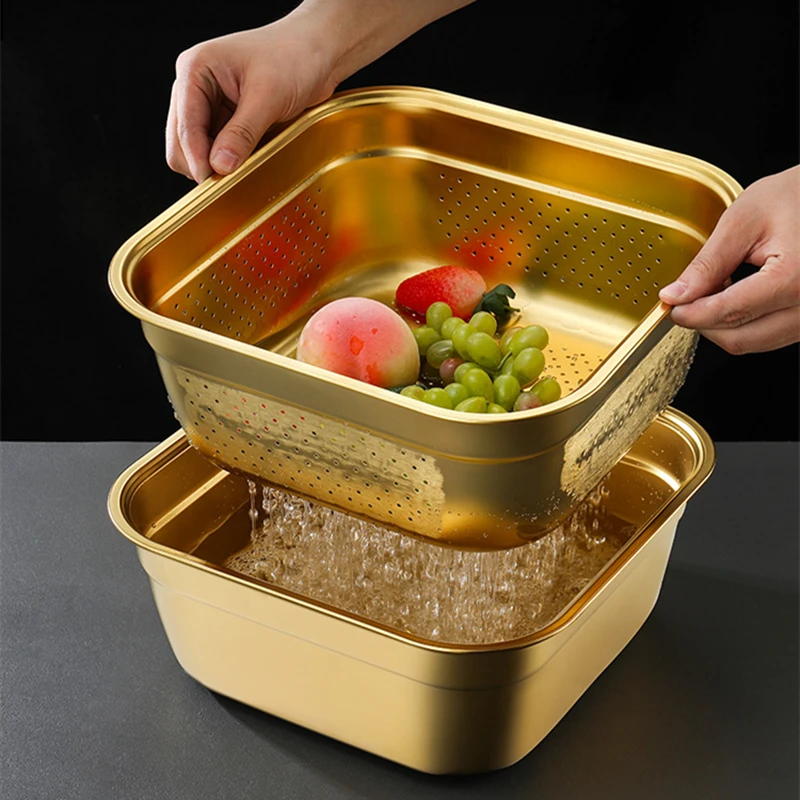 

Golden Square Stainless Steel Strainer Draining Basket Egg Flour Mixing Bowl Soup Basin Filter Colander Vegetable Washing Basin