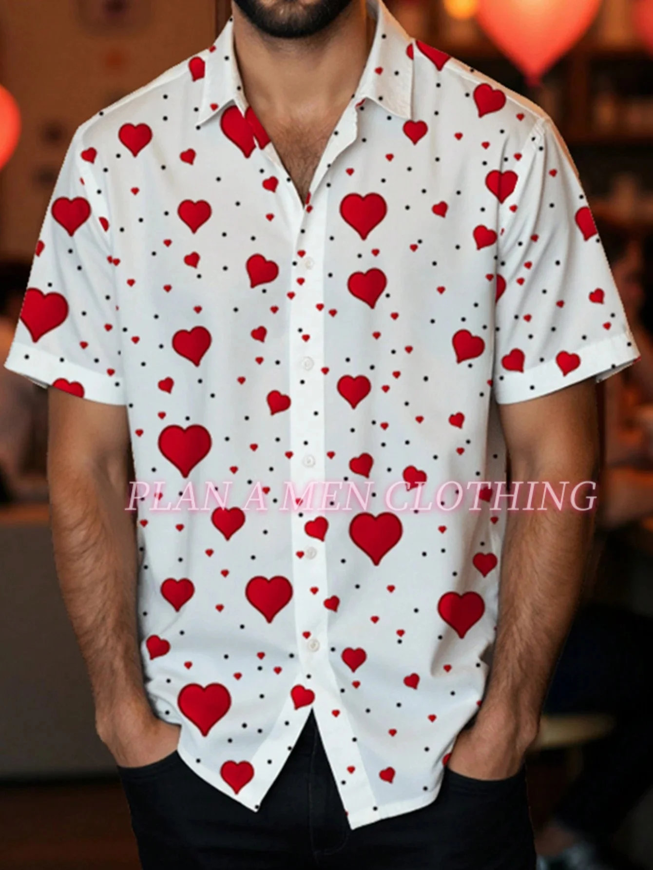 

2025 Men Heart Love Dots Print Men Shirt Short Sleeve Blouse Button White Shirt Valentine Day Clothes Party Social Dress tops