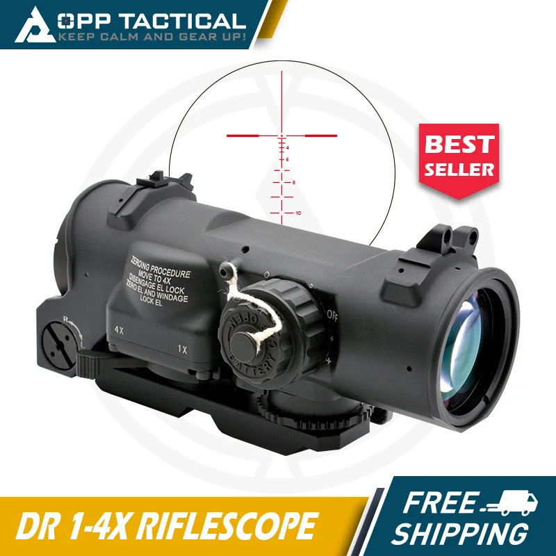 Tactical RifleScope DR 1-4x Fixed Dual Field of View Red Illumination Scope Sight with Full Markings for Airsoft and Hunting