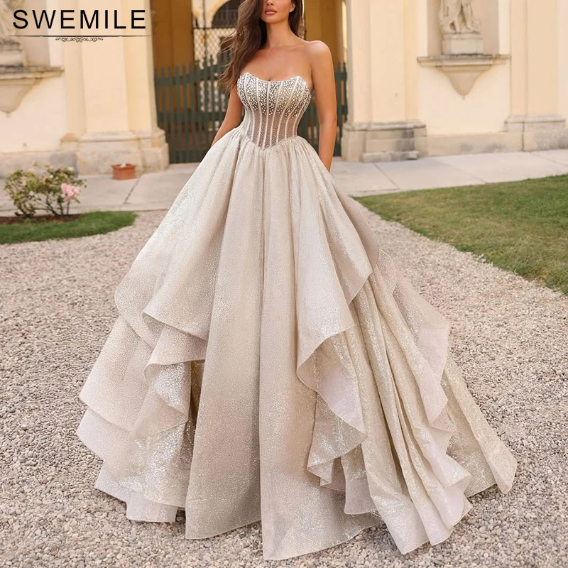 

SWEMILE Luxury Diamond Prom Dresses 2025 Strapless A Line Elegant Evening Gown Women Glitter Sleeveless Wedding Dress Customized