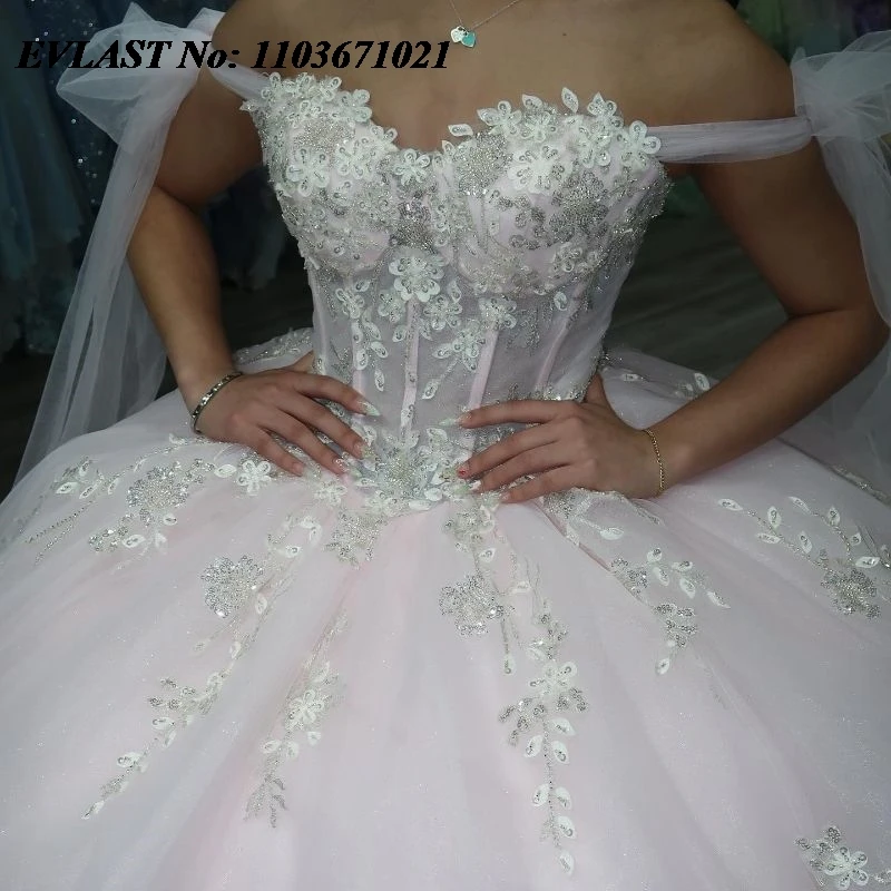 EVLAST Shiny Pink Quinceanera Dress Ball Gown Lace Sequins Applique Beaded Crystal Corset Sweet 16 Vestidos De XV 15 Anos SQ162