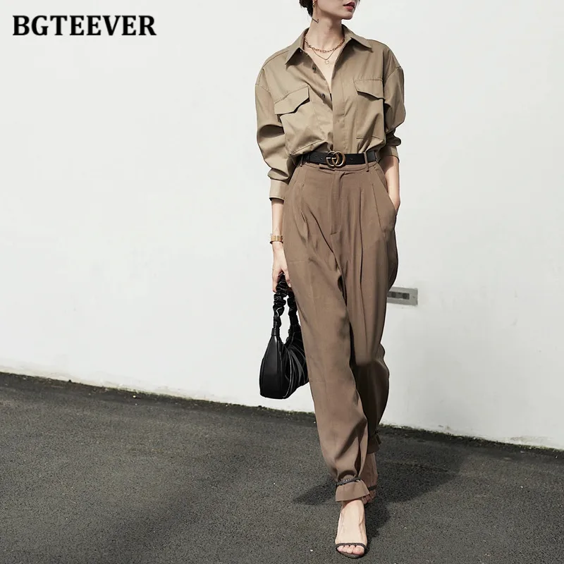 BGTEEVER Vintage Loose Single-breasted Female Shirts Spring Summer Lapel Full Sleeve Pockets Stylish Women Blouses Tops