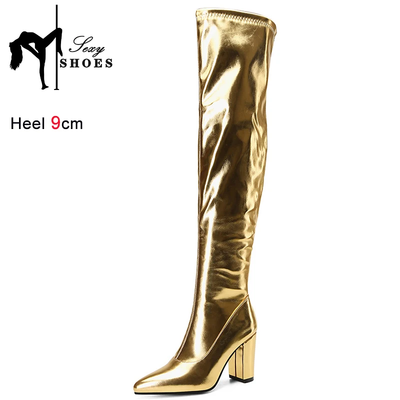 Spring/Autumn Over-the-Knee Women's Boots Thick Heel  Pointed Toe Zipper Square High Heel Thigh Boots Elastic Riding Boot Female