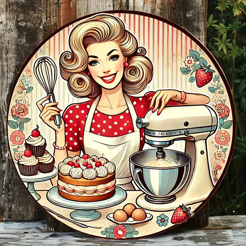 1pc Vintage-Style Cake Decorating Metal Wall Art, 20.32x20.32cm Round Aluminum Sign with Retro Kitchenware & Floral Design - Per