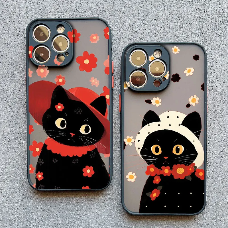 

Cute Black Cat Phone Case For iPhone 17 16 15 11 12 14 13 Pro Max Mini X XS XR 7 Plus 16E Air Shockproof Hard Matte Cover Fundas