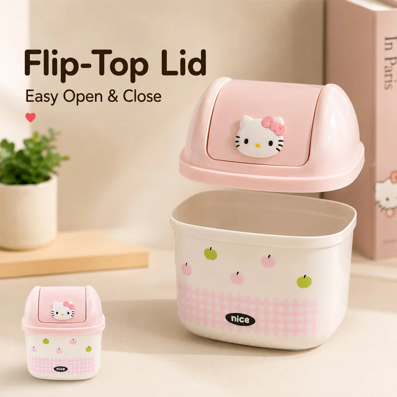 Sanrio Licensed Hello Kitty Flip Top Desktop Trash Can Cute Mini Waste Bin for Home Office Desk Creative Small Storage Container view 2
