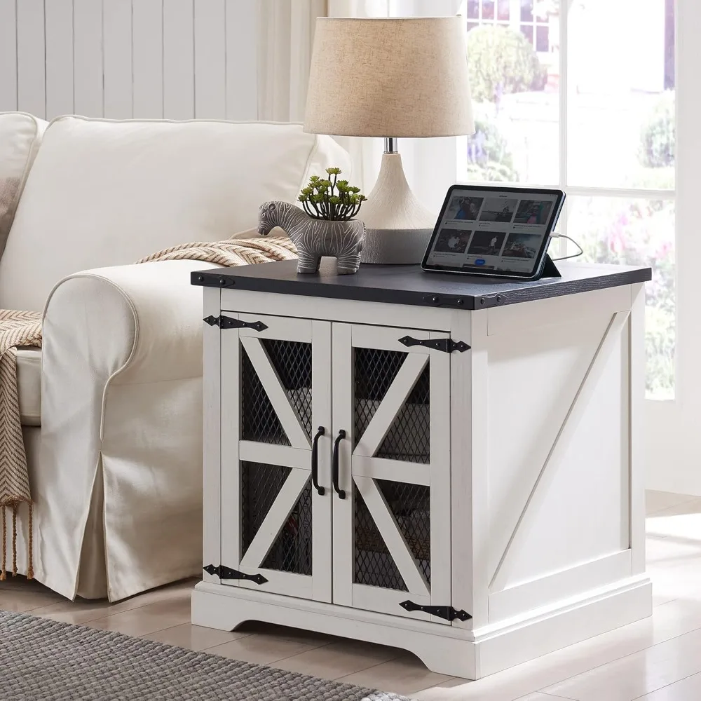 Rural Style Wooden Square Bedside Table, Sofa Side Table with Charging Station, Mesh Barn Door,and Adjustable Storage Rack,White