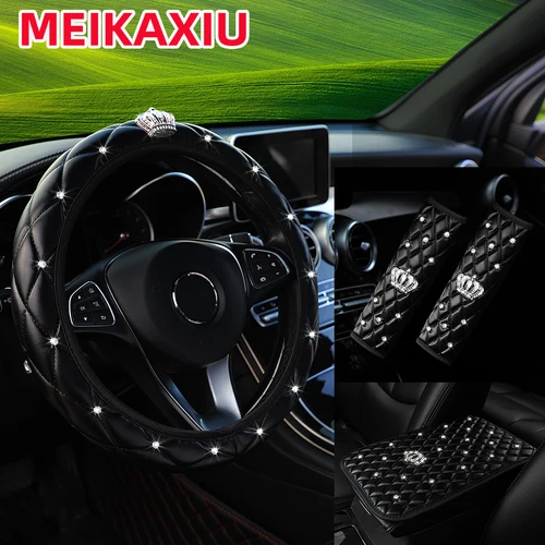 Imagen 2 del producto 4 piezas de cuero suave con incrustaciones de diamantes Flash IQ Crown Car sin anillo interior protector para volante cubierta de hombro almohadilla para reposabrazos