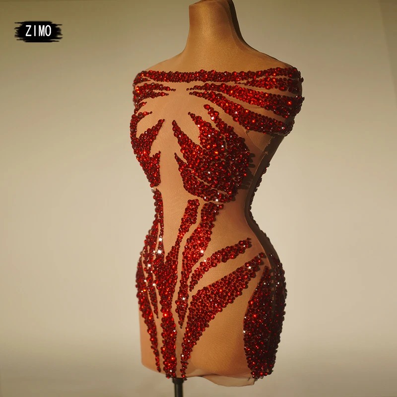 Sparkly Luxury red Rhinestones dress See through sexy mesh club Prom Gown Celebrity Stage Wear Birthday Party Drag Queen Outfits