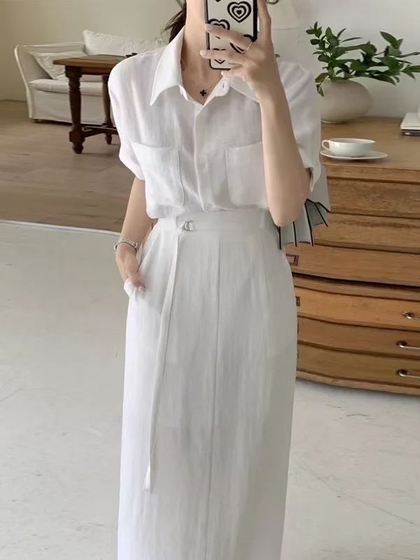 

Elegant Short Sleeve Shirt And High Waist Skirt Set Women's Fashion plus Size Midi Skirt Two Piece Suit Spring Summer Autumn