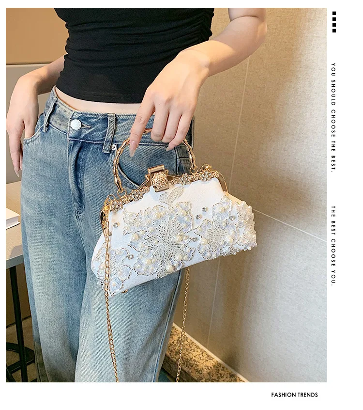 خمر حقيبة الزفاف الموضة الزهور الماس مقبض علوي قفل أكياس سلسلة المرأة الكتف حقيبة كروسبودي حقائب اليد النسائية المحافظ #4