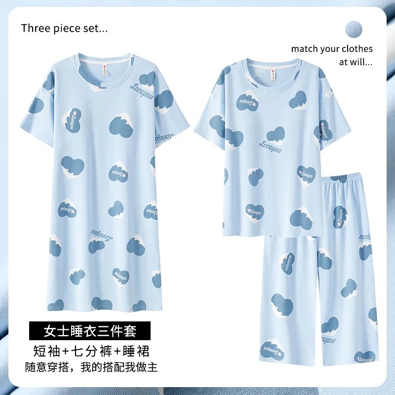 Korean Fashion Sleepwear 3PCS Girl Summer Short-sleeved Calf Pants Nightdress Women Cotton Comfortable Thin Pajama Suit Mujer