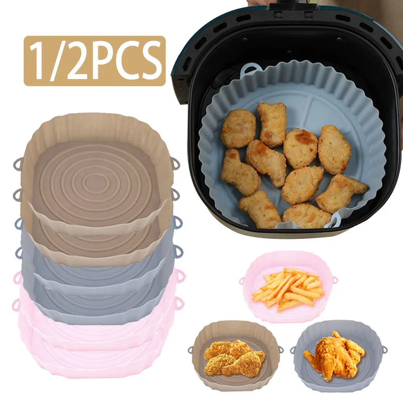 2Pcs Air Fryer Silicone Basket Silicone Mold Airfryer Oven Baking Tray Pizza Fried Chicken Basket Reusable Pan Liner Accessories