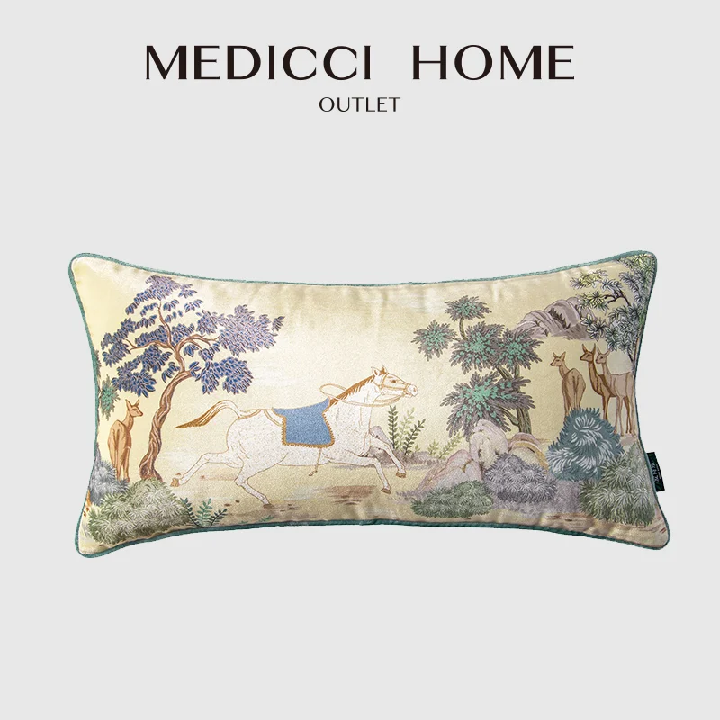 

Medicci Home Eclecticism Style Exquisite Bolster Pillow Cover White Horse Printed Sofa Bedroom Decoration Cushion Case 30x60cm