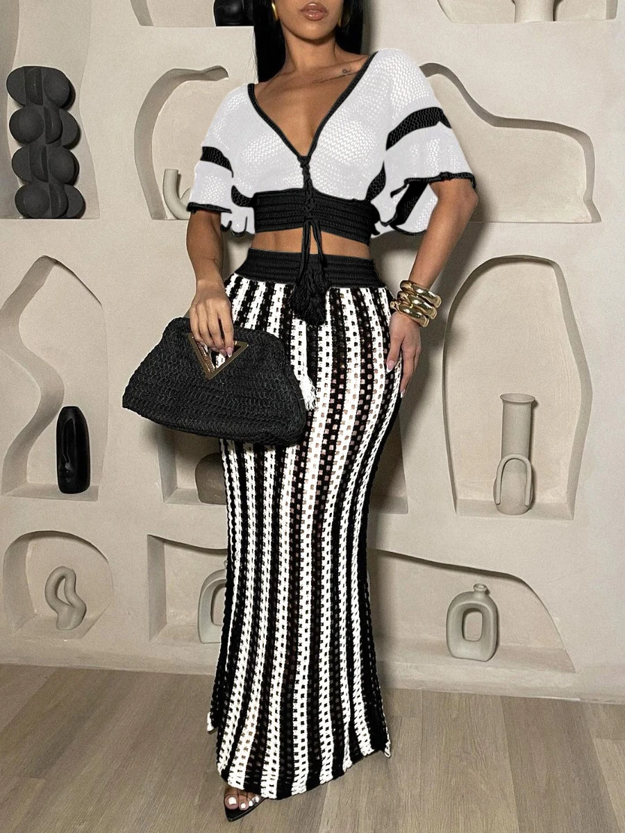 LW Summer Knitted Beach Skirt Sets Backless Crop Top Striped See Through Skirt Set Women Sexy Backless Slim Bohemian Outfits