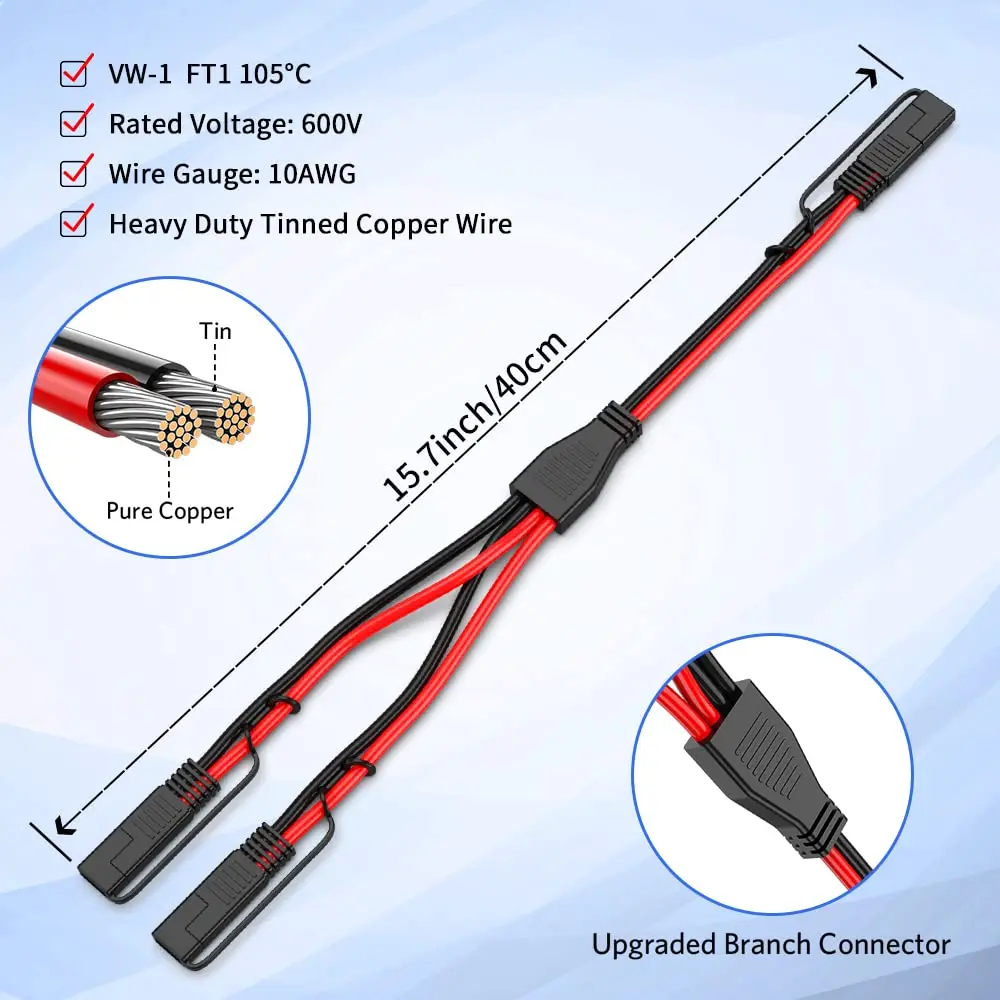Bloopow 10AWG 1 to 2 SAE to SAE Extension Cable SAE DC Power Automotive Adapter Cable SAE Plug for Solar Panel Battery Charger