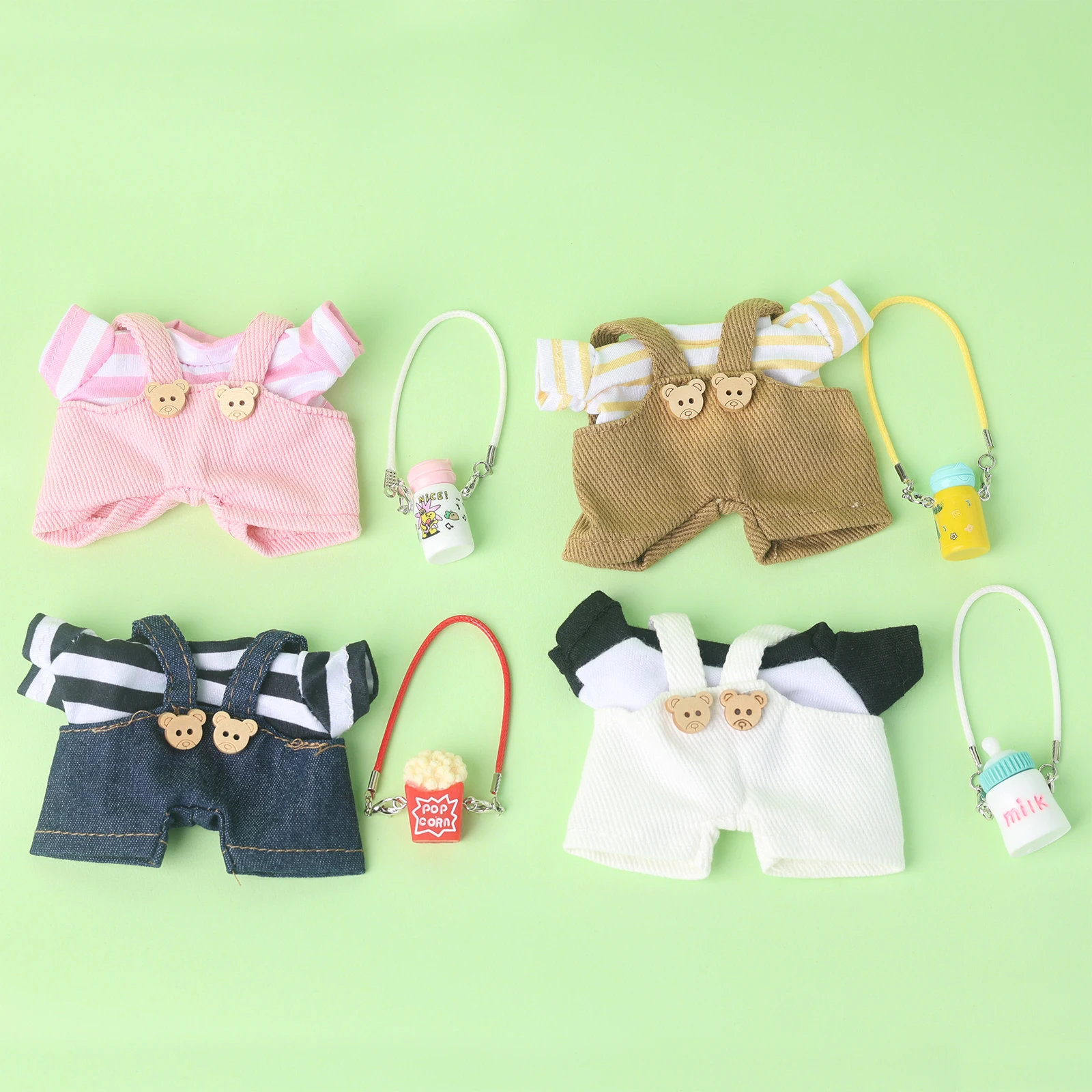 Labubu Clothes 17cm Bear Overalls Set with Crossbody Bottle 2PCs Denim Outfit for Vinyl Doll Cute Teddy Suspenders Jumpsuit