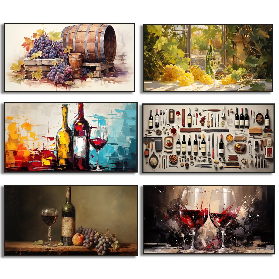 Wine Bottle Size - ภาพวาดบนผ้าใบขนาดใหญ่แบบไร้กรอบ ภาพวาดนามธรรม แก้วไวน์แดง ขวดองุ่น ภาพพิมพ์โปสเตอร์ สำหรับห้องอาหาร