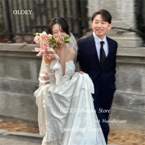 OLOEY 심플 오프 숄더 웨딩 원피스, 한국 실크 새틴 신부 가운, 반팔 바닥 길이, 이브닝 파티 드레스