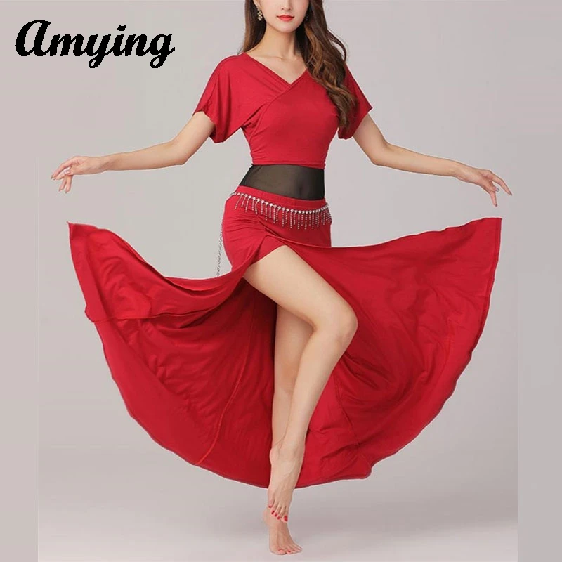 Nueva ropa de práctica de danza del vientre adelgazante de talla grande para las cuatro estaciones, ropa de actuación de danza India Oriental, falda dividida