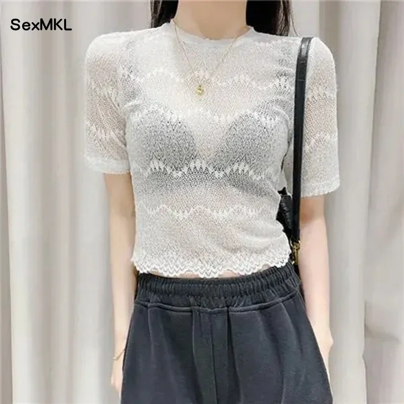 

Women White Lace Blouses 2024 Summer Fashion Short Sleeve Black Sexy Blusas Mujer Korean Style Clothes See Through Crop Tops XXL