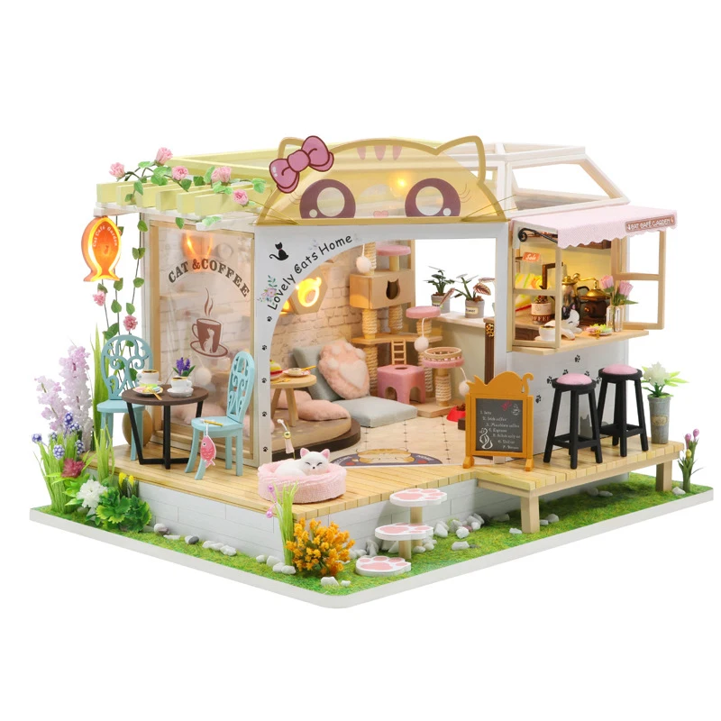 

Wooden Doll House Cat Cafe Mini DIY Small House Kit Making Room Toys Home Bedroom Decoration with Furniture For Gifts Dollhouse