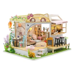 Wooden Doll House Cat Cafe Mini DIY Small House Kit Making Room Toys Home Bedroom Decoration with Furniture For Gifts Dollhouse