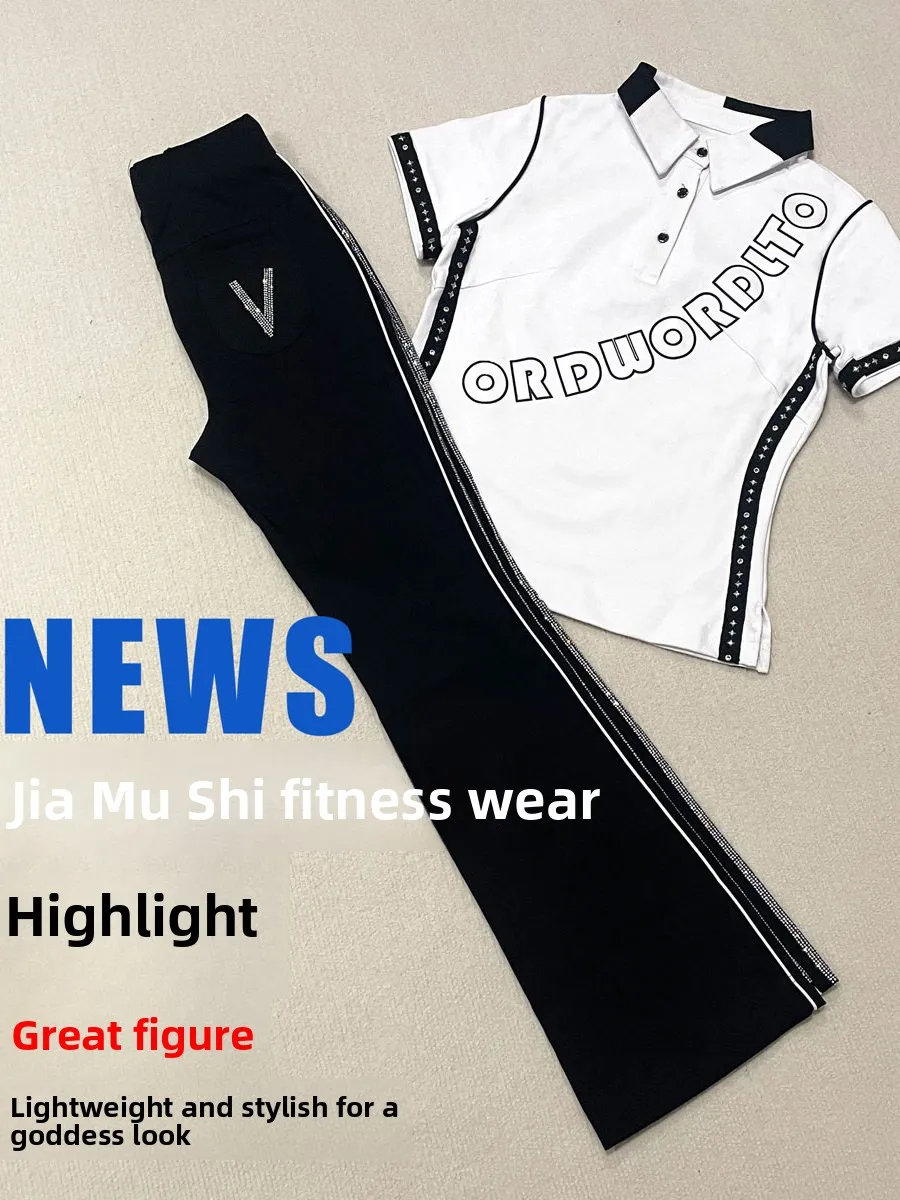 zhen-zhen-teacher-roman-cotton-white-spring-autumn-short-sleeve-letter-fitness-square-dance-set-women's-slim-fit-cotton-yoga
