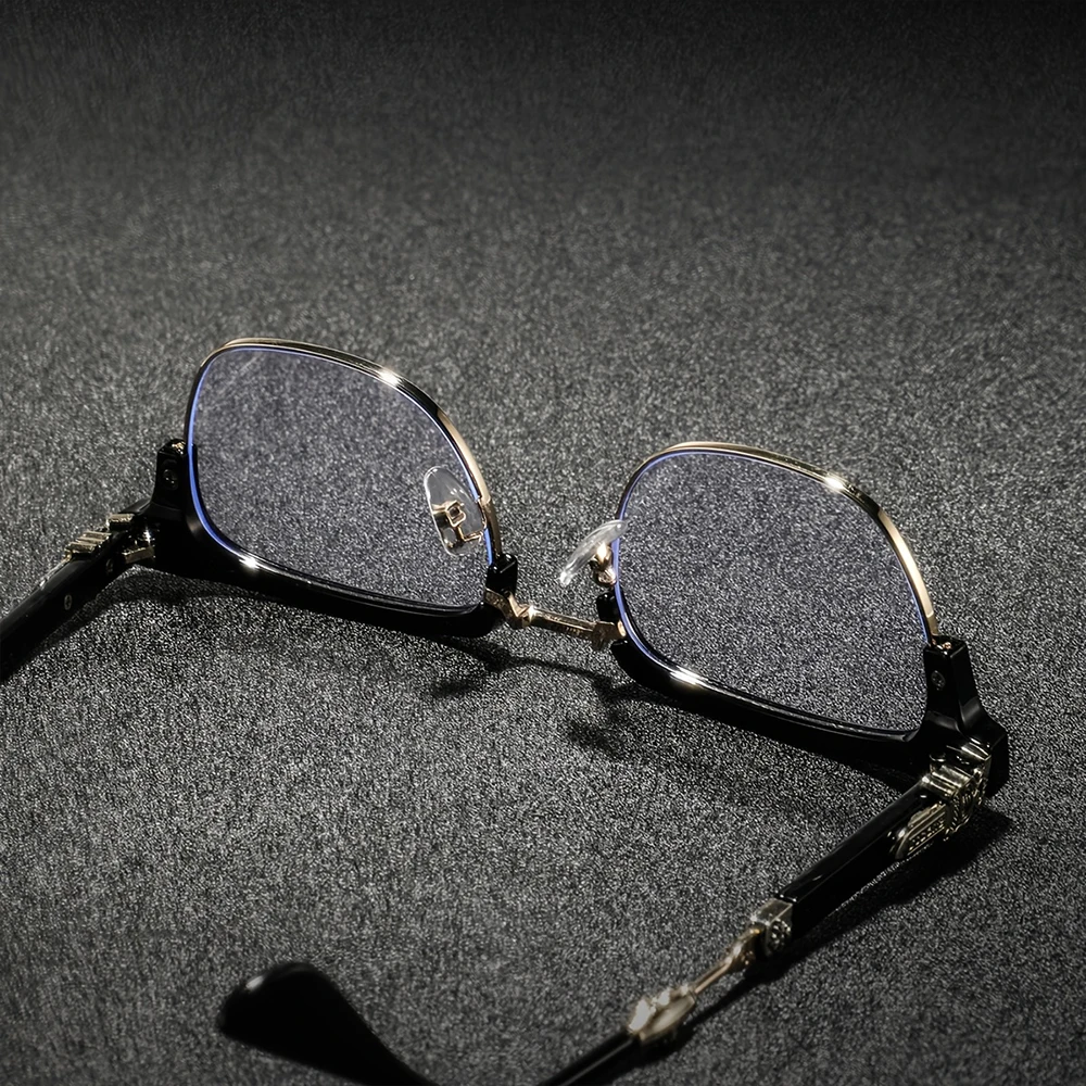2/3 Stück Luxuriöse Kreuzgravierte Halbrahmen-Brille für Damen und Herren Retro Quadratische Blaulichtfilter-Brille Vintage Metall-Computerbrille – Detail 7