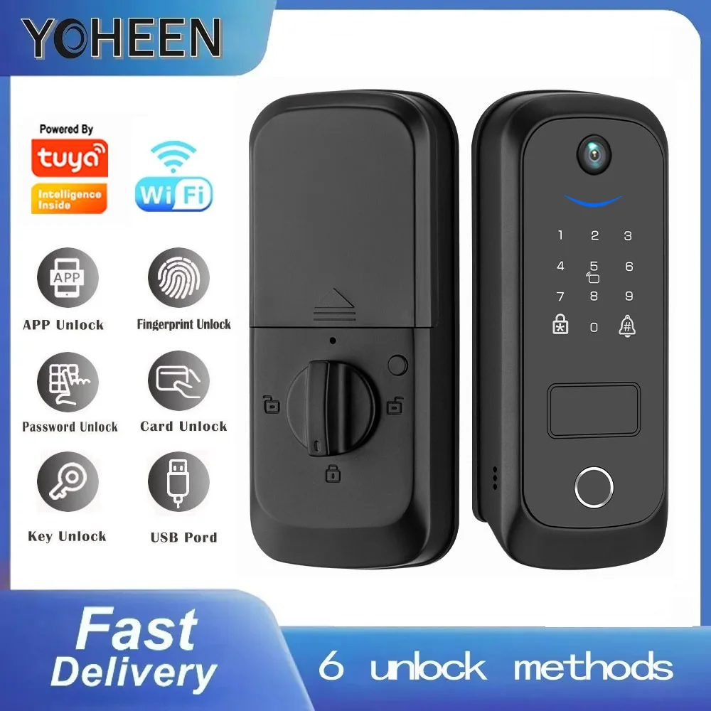 Camera Smart Deadbolt Lock Tuya Wifi App Digital Door Lock Fingerprint Code Key Card Electronic Deadbolt Single60/70 Door Lock
