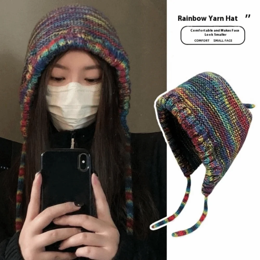 Rainbow Striped Knitting Beanie Hat Gradient Wool Thick Knit Crochet Cap Handmade Crochet Soft Fabric Winter Bucket Hat