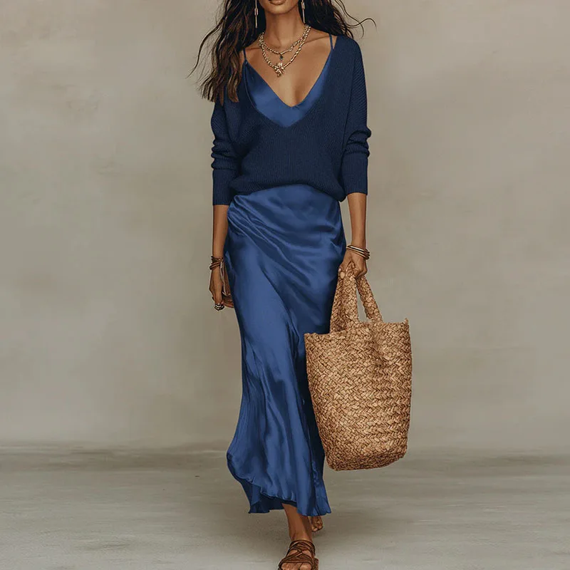 Elegant V Neck Slim Office Two Piece Sets 2026 Spring Long Sleeve Loose Knit Sweater Outfit Summer Sleeveless Satin Women's Suit view 3