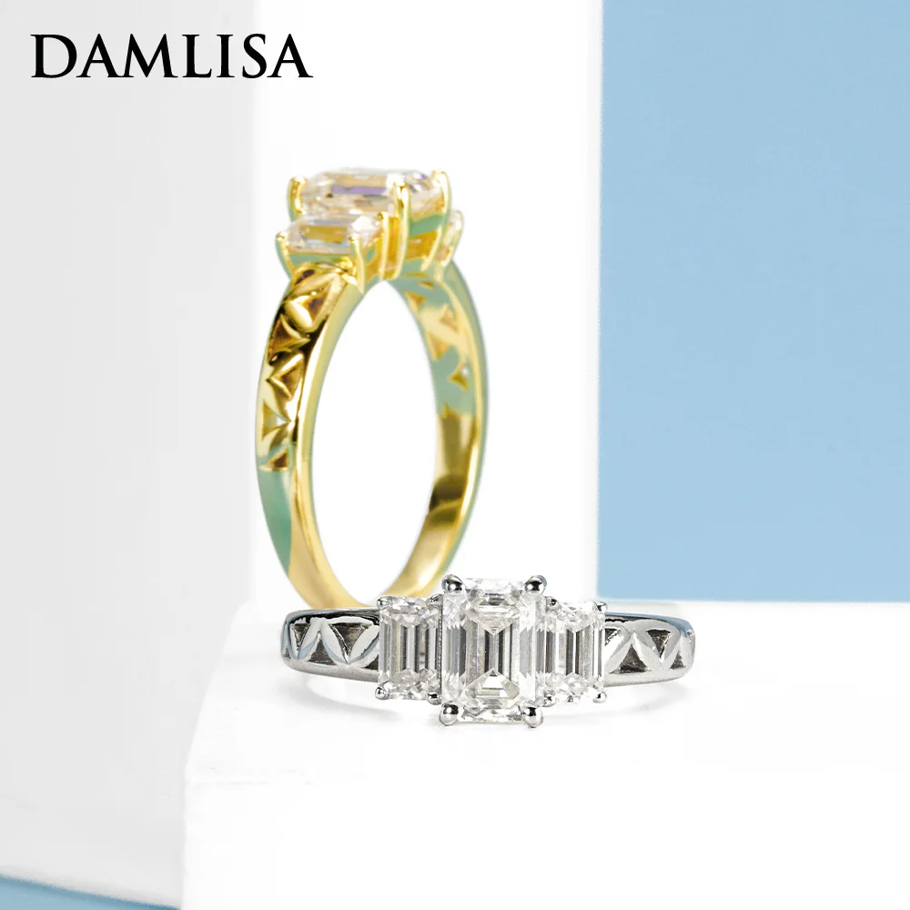 

DAMLISA 2cttw Emerald Cut D Color Moissanite Ring 18K Gold Plated 925 Sterling Silver Engagement Wedding Rings For Women Jewelry