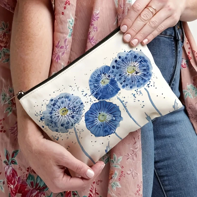 수채화 파란색 꽃 화장품 가방 - 여성용 귀여운 다기능 지퍼 파우치, 보석 보관 가방