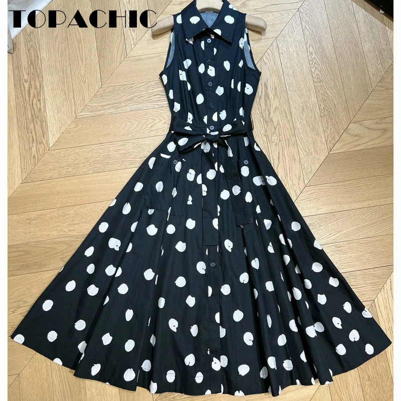 1.2 TOPACHIC-Women Vintage Polka Dot Print Bow Sashes Dress Elegant Lapel Sleeveless Single Breasted Long Cotton Dress