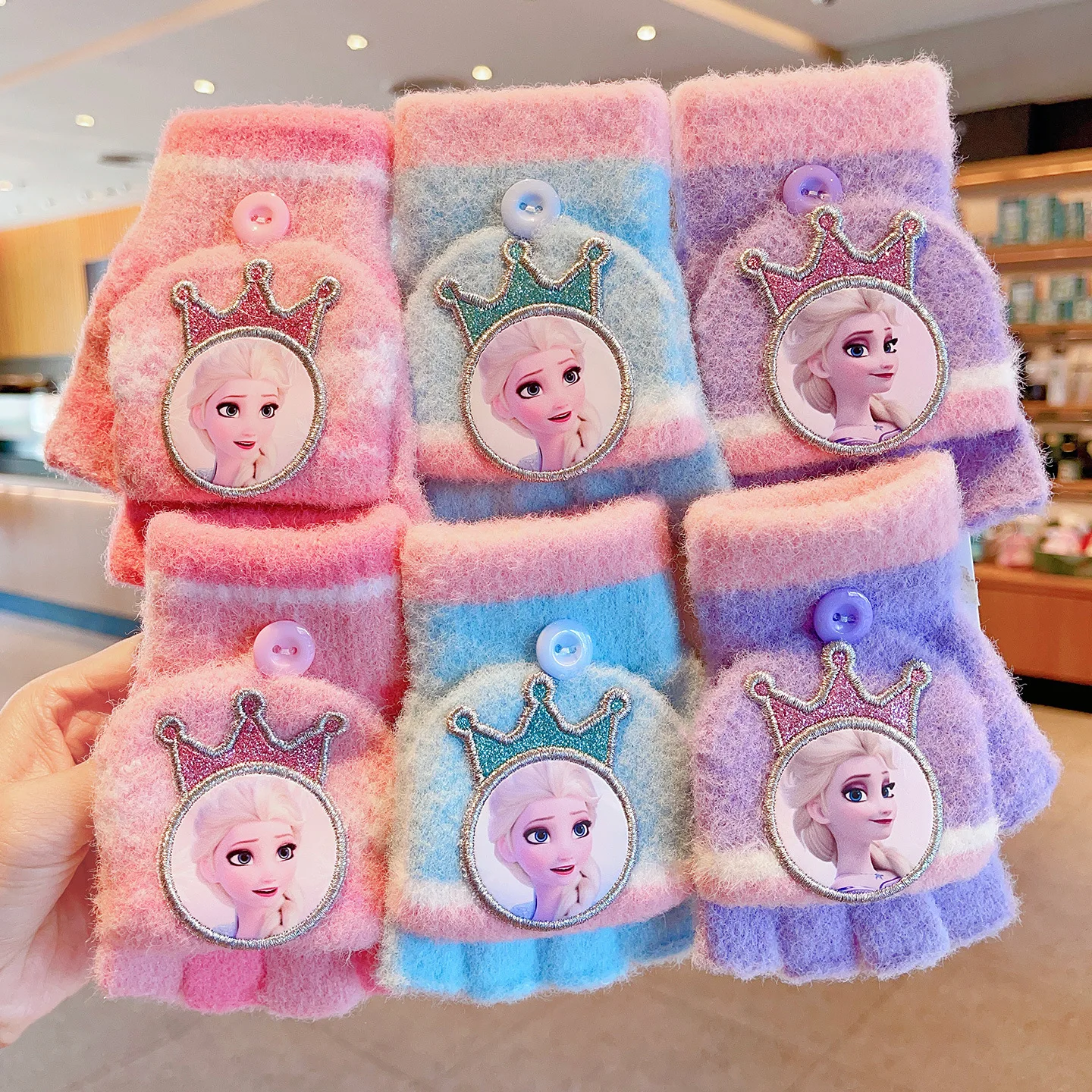 

Disney Elsa Princess Gloves Fashion Winter Print Five Finger Gloves Plush Warm Cold-proof Gloves Girls Outdoors Cycling Mittens