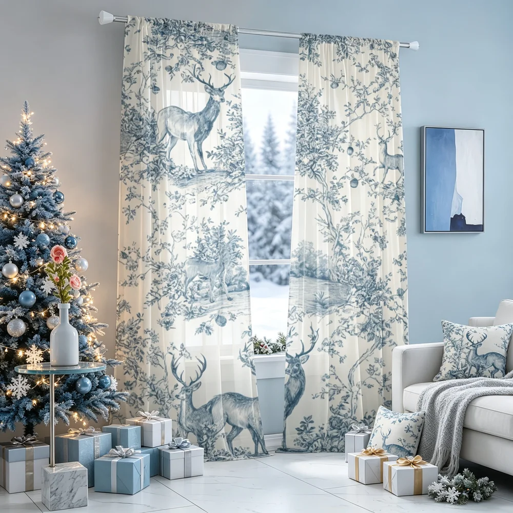 2PCS Christmas Curtains, Blue Line Art Deer Trees Print, Bedroom Living Room Window Drapes, Rod Pocket Polyester, Home Decor