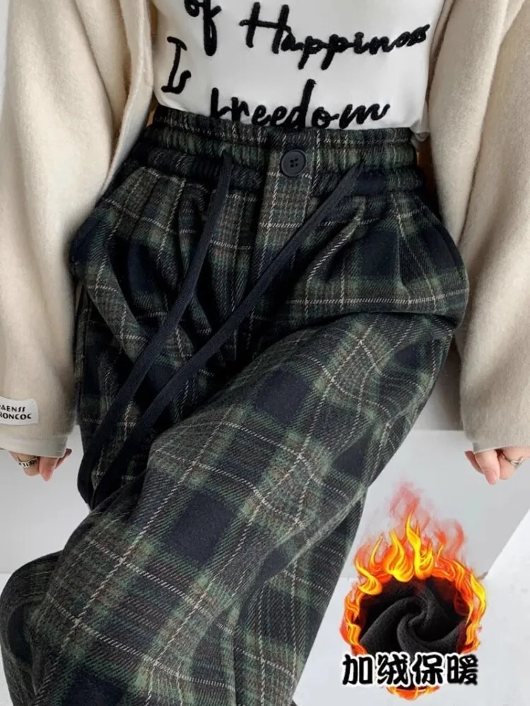

New Basic Plaid Chic Drawstring Elastic Waist Women Pants Fashion Contrast Color Loose Full Length Casual Female Wide Leg Pants