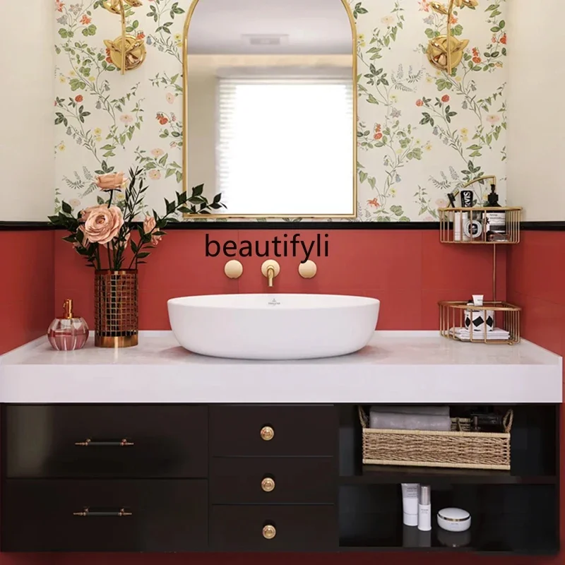 Black Bathroom Cabinet Combination Bathroom Table French Bathroom Washbasin Assembled Cabinet