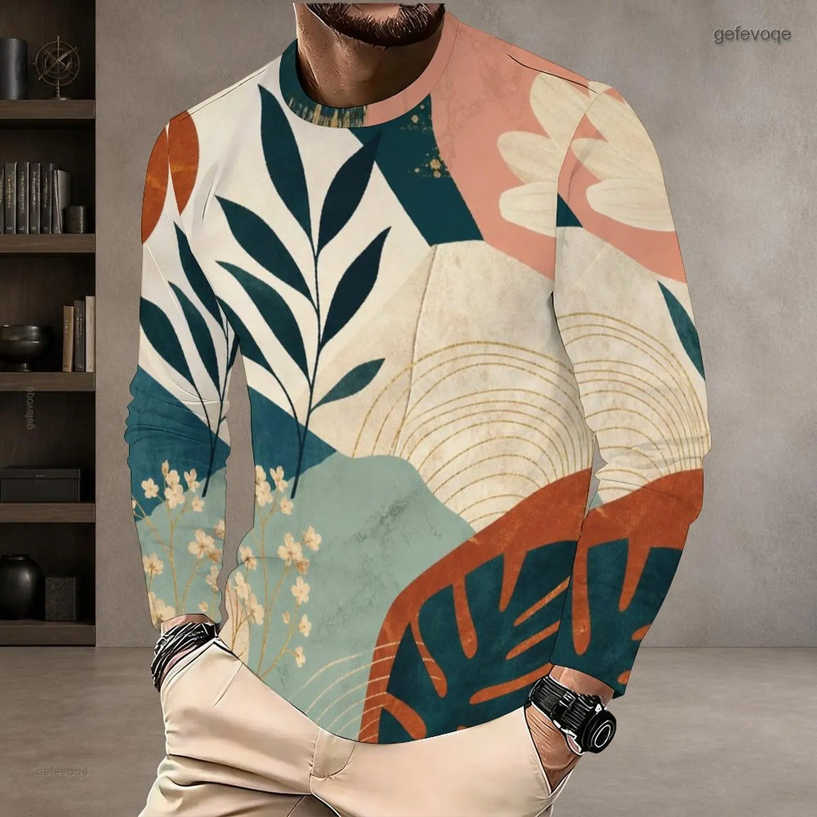 Men Round Neck Long Sleeve T-Shirt, Abstract Botanical Geometric Printed Top