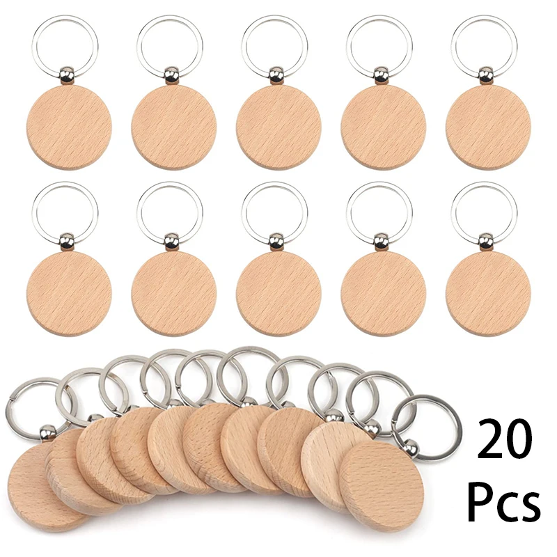 20Pcs Beech Keychain Solid Wood Key Chain Wooden Keyrings