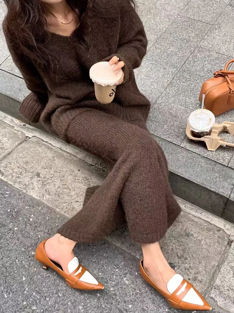Knitted Sweater Skirts 2 Piece Set for Women Winter Vintage V Neck Loose Warm Pullover Korean Korean High Waist Midi Skirts Set image 2