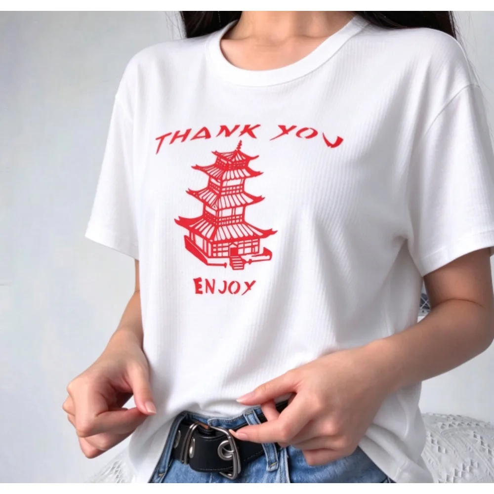 Retro Pagoda Print T-shirt Women Casual Loose Short Sleeve Tee THANK YOU ENJOY Graphic Tops Streetwear Aesthetic Shirts
