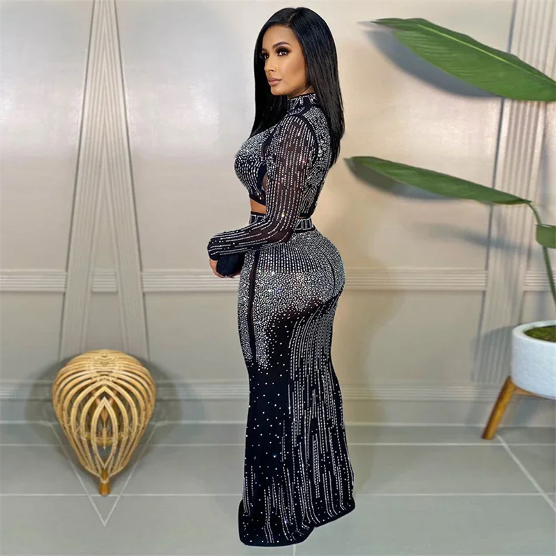 Women Fashion Diamond Decoration Two-piece Suit Stand-up Neck Short Tops High Waist Floor-length Skirt Commuter Female Sets 2024