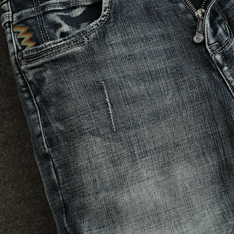 Designer Fashion Men Jeans High Quality Retro Washed Blue Stretch Slim Fit Ripped Jeans Men Y2K Embroidery Vintage Denim Pants