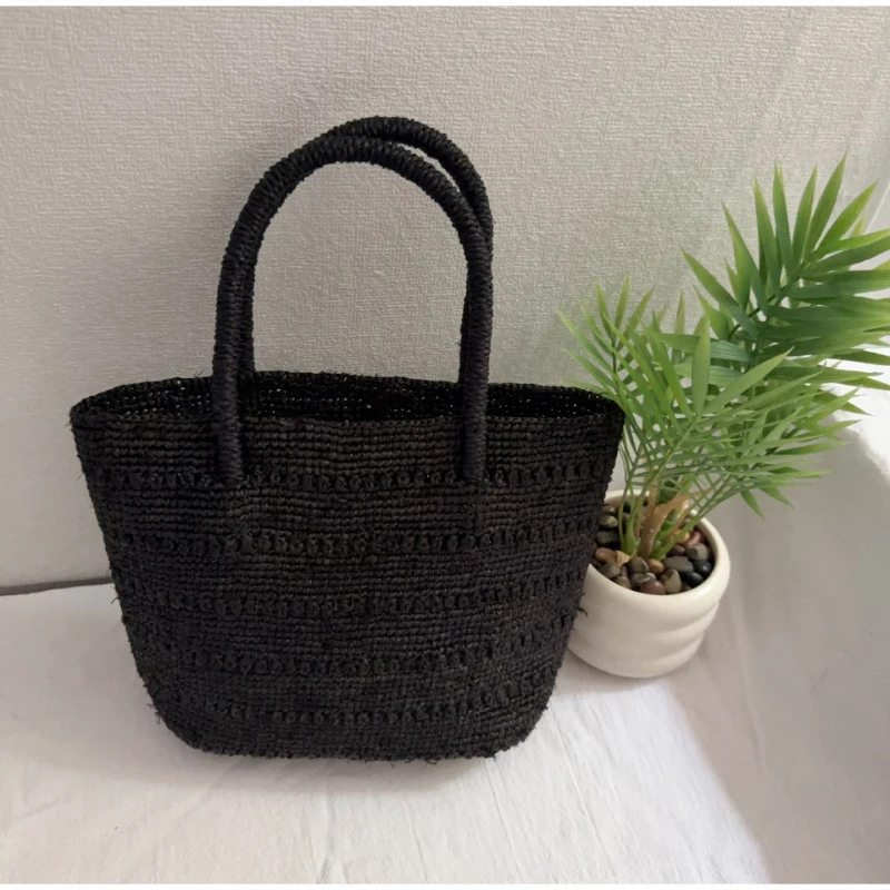 Einfarbige gewebte Handtasche, leichte Damen-Umhängetasche mit großem Fassungsvermögen, japanische Sommer-Strand-Urlaubstasche, lässige Pendler-Tragetasche – Detail 10
