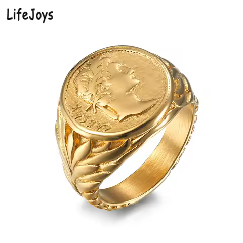 Caesar Ring Gold Men Stainless Steel Roman Emperor Coin Ring Caesar Signet Vintage Jewelry Silver Color Male Gift Size 7 To 12