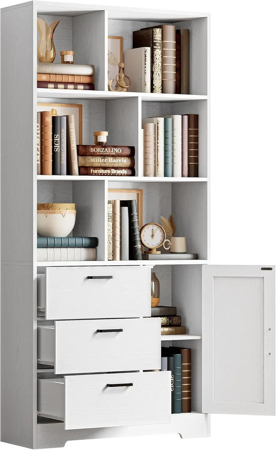 

Книжный шкаф высотой 70,9 дюйма с ящиками, дверцами и 6 открытыми секциями для хранения вещей в домашнем офисе, белый