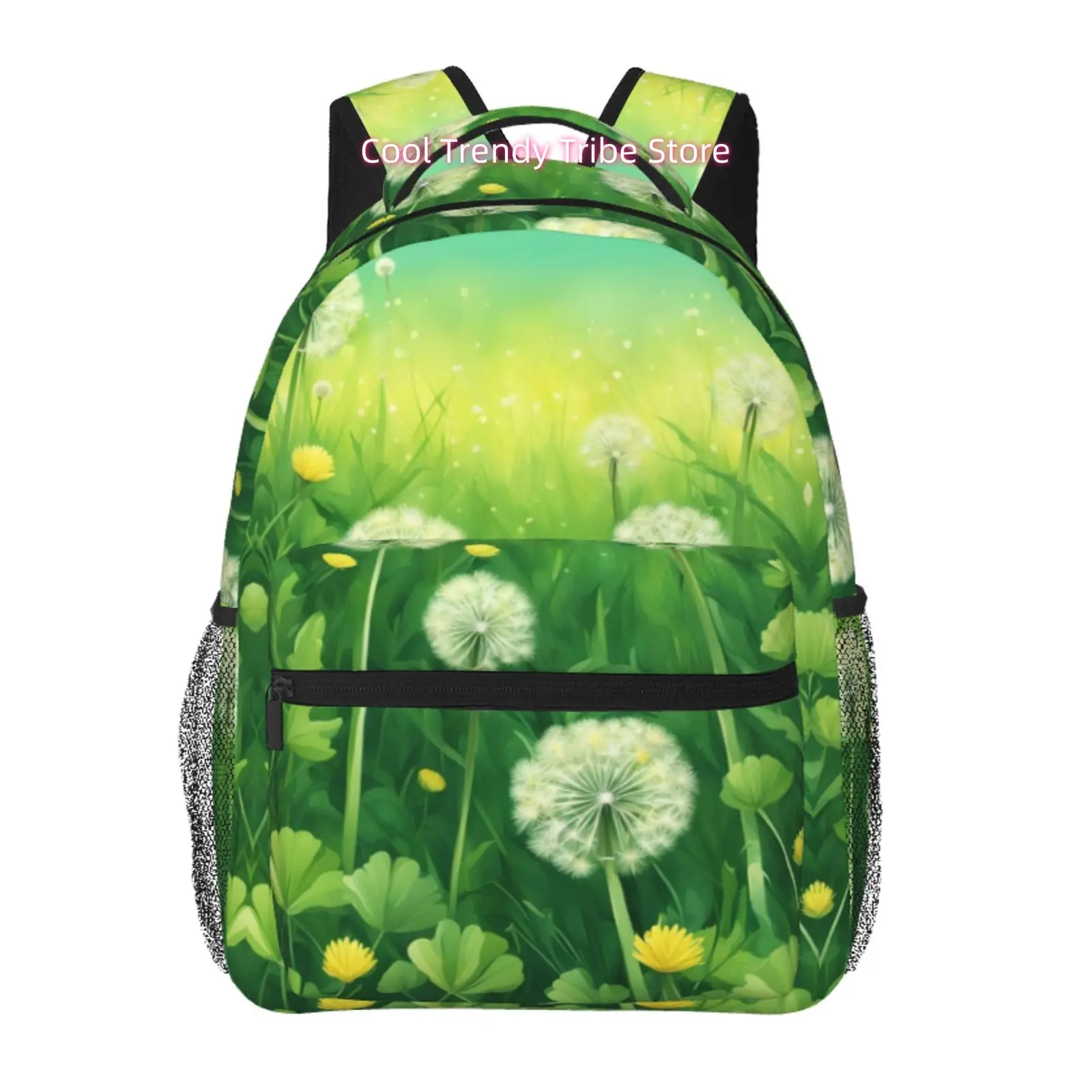 Green Dandelion Meadow Print Backpack, Nature-Inspired Oxford Daypack, Adjustable Shoulder Straps, for Casual Outings& Travel