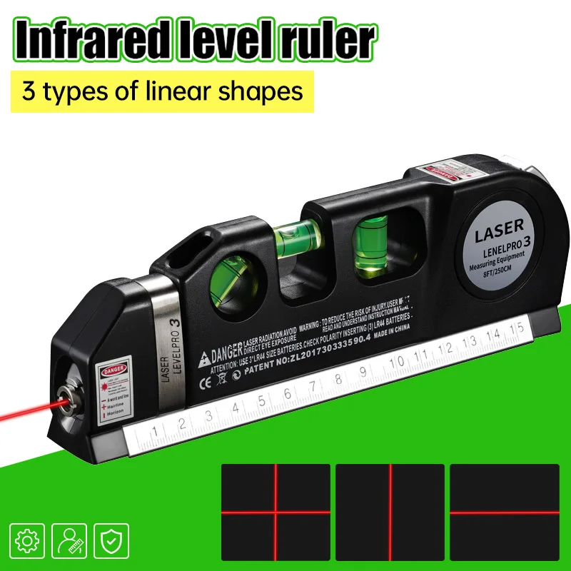 Multipurpose Laser Level with Standard Ruler Tape Measure Cross Line Horizon Vertical for Picture Hanging, Cabinets, Tile Walls